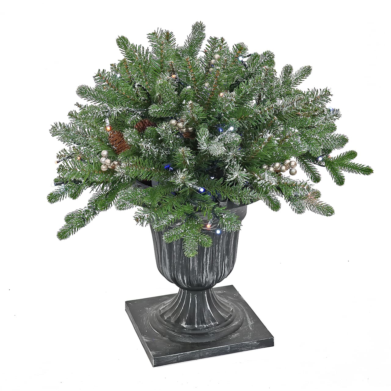 24" Feel Real® Snowy Morgan Spruce Porch Bush in Silver Brushed Plastic Urn with Cones & Champagne Berries